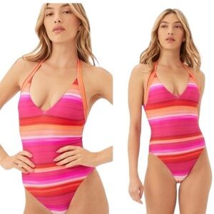 TRINA TURK Pink Orange Solstice Stripe Plunge Halter One Piece Swimsuit Size 14